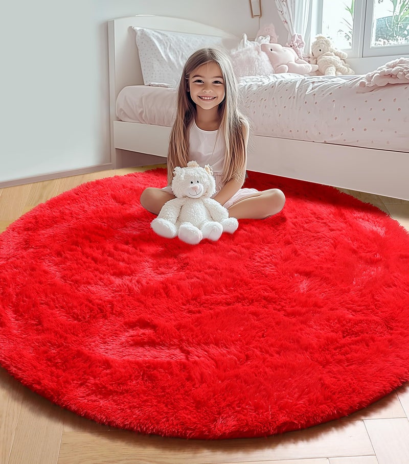 ONASAR Red Round Area Rug 4ft, Soft Bedroom Circle Rugs Floor Mat for Kids Girls Teen Room, Kawaii Fluffy Plush Shaggy Carpet for Nursery Living Room Playroom Christmas Home Decor Princess Castle - Image 1